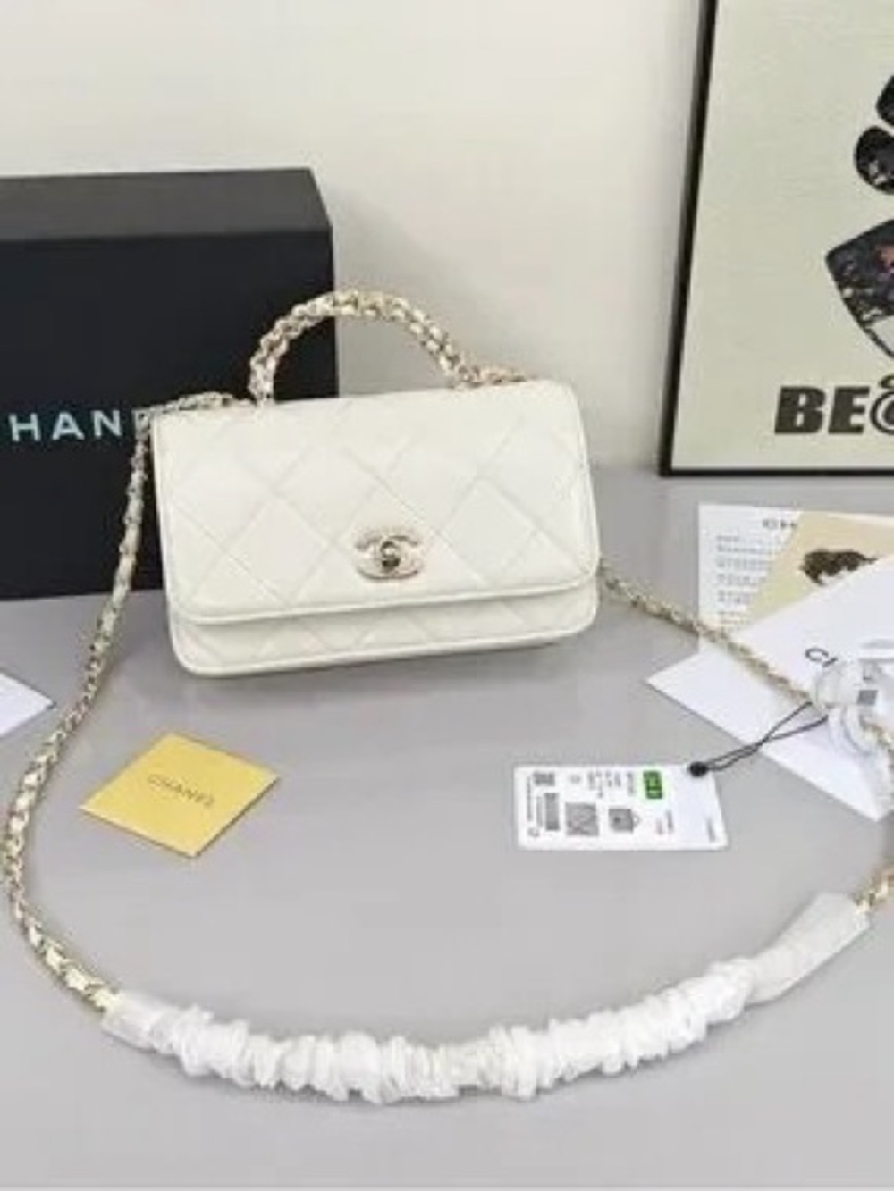 CHANEL Ivory Quilted Mini Top-Handle Bag with Gold Chain